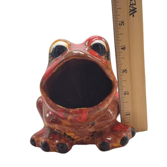 Vtg Ceramic Frog Sponge Holder Hand-painted 1970s Big Mouth Splatter Red Brown - Picture 3 of 15
